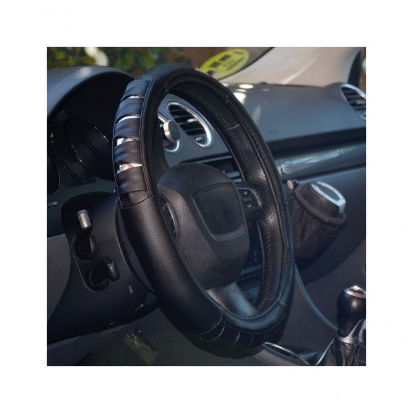 Funda de Volante Transpirable efecto Piel y Color Negra y detalles de Silver, Universal para Volnates 37-39cm diametro