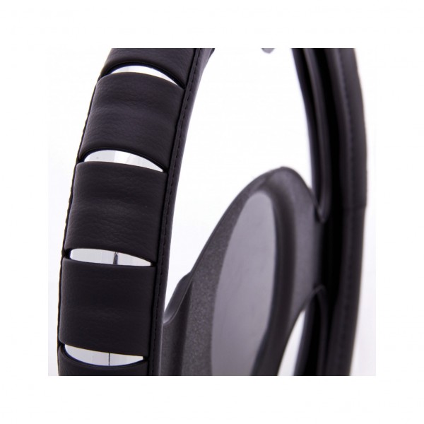 Funda de Volante Transpirable efecto Piel y Color Negra y detalles de Silver, Universal para Volnates 37-39cm diametro