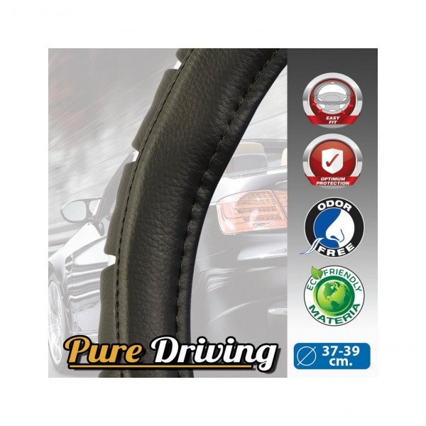 Funda de Volante Transpirable efecto Piel y Color Negra y detalles de Silver, Universal para Volnates 37-39cm diametro