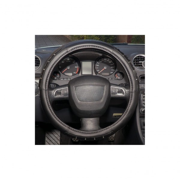 Funda de Volante Transpirable efecto Piel y Color Negra y detalles de Silver, Universal para Volnates 37-39cm diametro